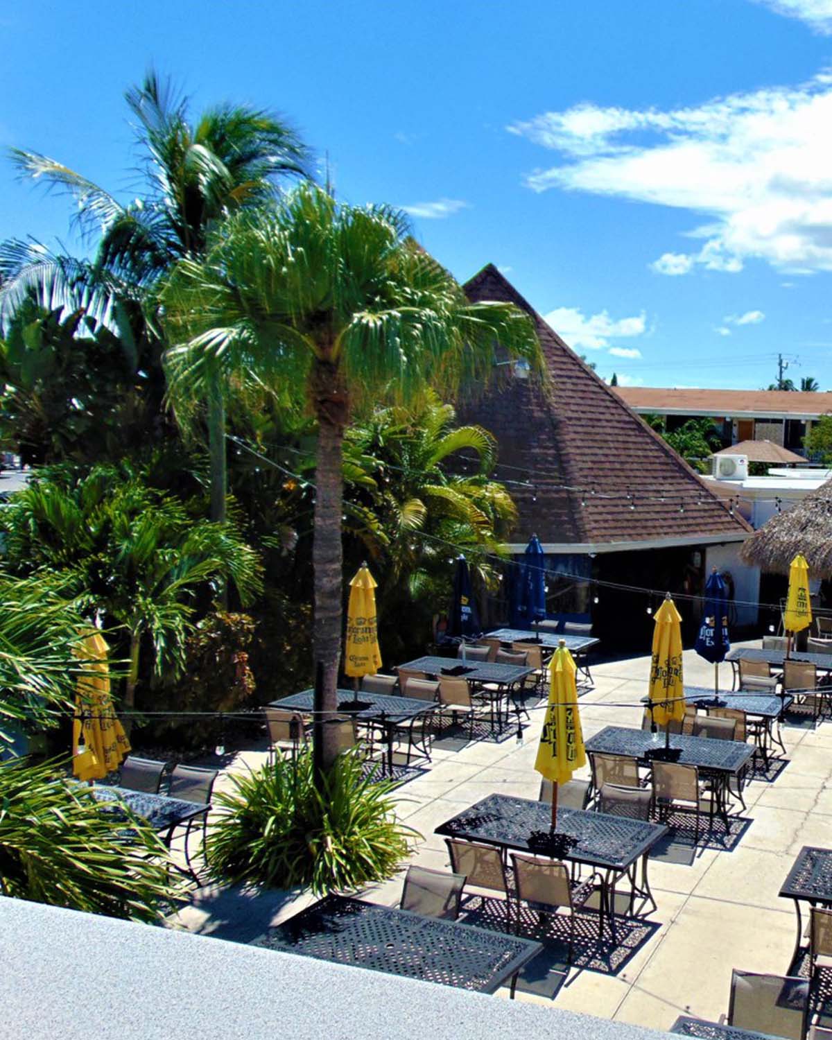 An outdoor seating area with tables, chairs, and yellow umbrellas, surrounded by tropical plants and a palm tree, with a building featuring a pyramidal roof in the background.